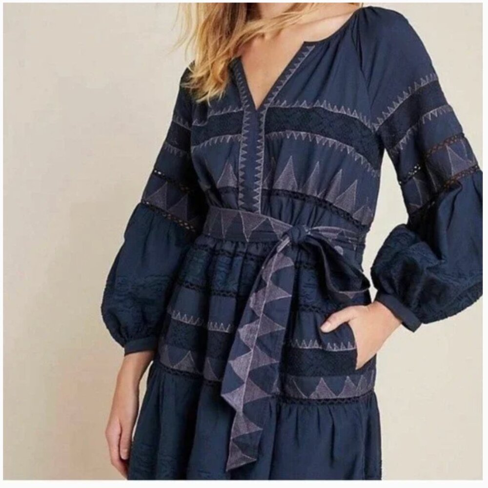 Anthropologie Embroidered Midi Dress Puff Sleeves